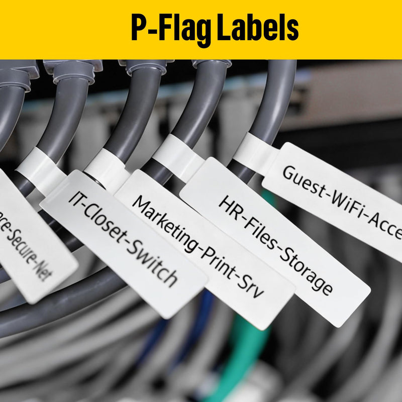 MakeID EP53 Flag Labels, P-Flag Pre-Sized Label Tape with Ribbon Cartridge for Indoor/Outdoor Wire and Cable, DataCom Labeling - for EP53 Portable Industrial Label Maker 0.98"H x 1.50"W(100 Labels) Yellow P-flag