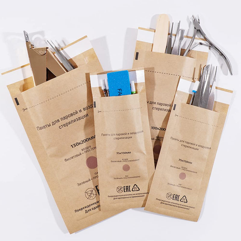 [Australia - AusPower] - 100 Self-Sealing Cleaning Pouches, Dry Heat Autoclave Kraft Paper Cleaning Bags for Dentist Tools and Nail Art Supplies (100mm x 200mm) 100mm x 200mm 