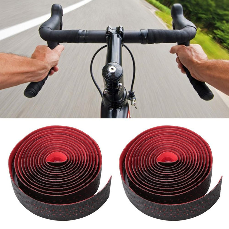 ‌2-Pack Bike Handlebar Tape - EVA PU Perforated Anti-Slip Cycling Grip Tape with End Plugs & Sealing Tapes‌ for Road/Mountain/Folding Bikes(Red) Red