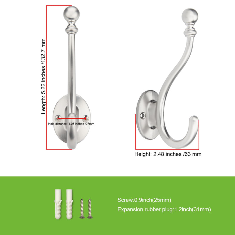 TUNNY Towel Hooks - 5 Pack Matte Nickel Brushed Coat Hook for Bathroom, Bedroom, Kitchen - Decorative Wall Hooks for Robe, Clothes, Cabinet, Closet - Bathroom Hardware