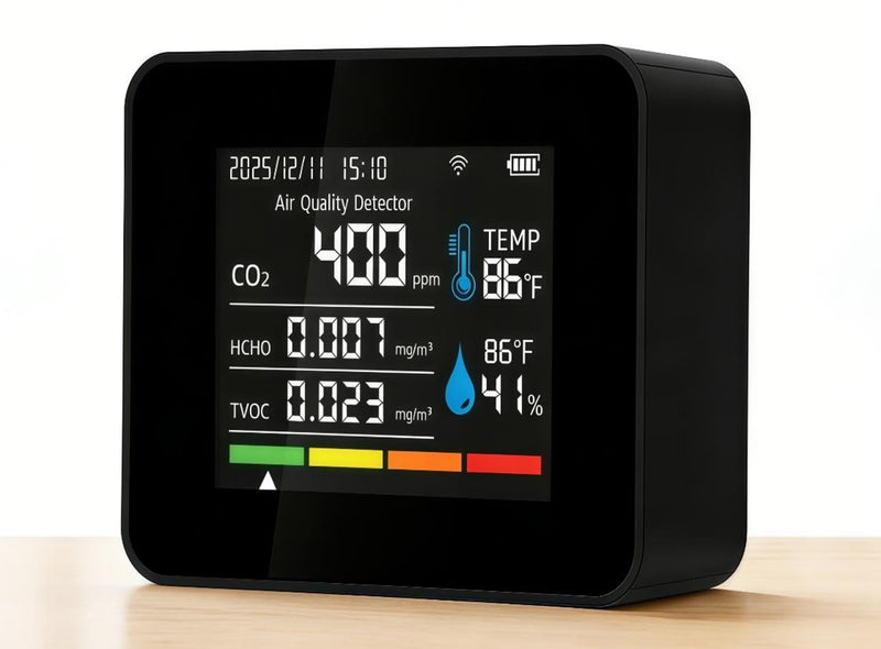 Smart Air Quality Monitor, Indoor Air Quality Meter with HCHO, CO2, PM2.5 PM10,PM1.0, TVOC, AQI, Temperature & Humidity,Time&Date,Alarm, 1-Year Data Storage, App Control for Home & Office