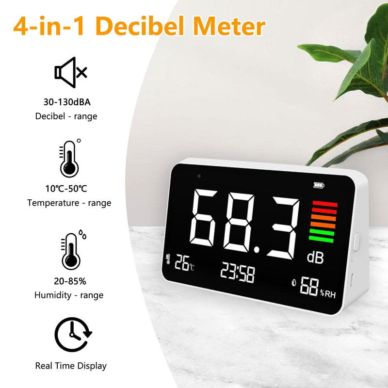 4-in-1 Decibel Meter, DB Meter with LED Display, Sound Level Meter 30-130dB Noise, Time, Temperature & Humidity Meter, Decibel Meter for Home, Classroom, Office, Library