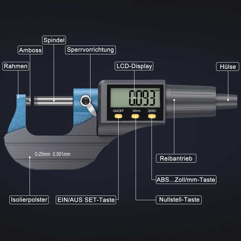 Micrometer Digital Outside Micrometer Measuring Range 0-25.4 mm, Resolution 0.001 mm / 0.00005 Inch, Electronic Micrometer LCD Micrometer, Thickness Gauge Tester, Length Measuring Tool