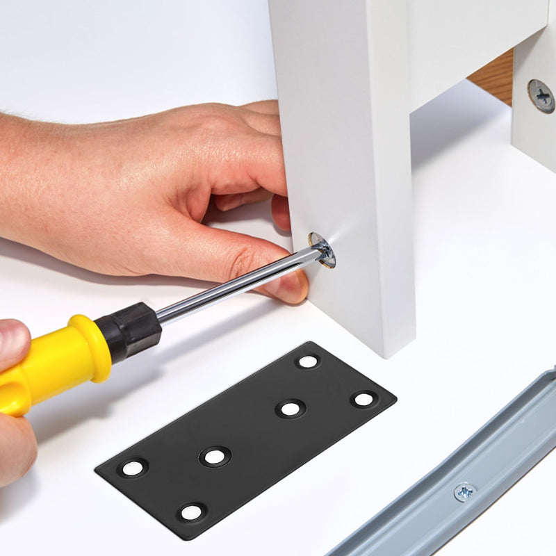 [Australia - AusPower] - Flat Mending Plates, 8 Pcs Black Metal Flat Straight Mending Plates, Joining Fixing Brackets, Flat Fixing Corner Brace Plates for Wood, Shelves, Furniture, with 40 Pcs Screws, Screwdriver 