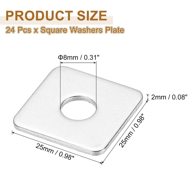 [Australia - AusPower] - PATIKIL M8x25x2mm Square Washers, 24pcs Square Plate Washers Square Strut Washer Bearing Plate 304 Stainless Steel Flat Pad Spacer Hardware Fastener Nut Bolt Gasket M8x25x2 1 