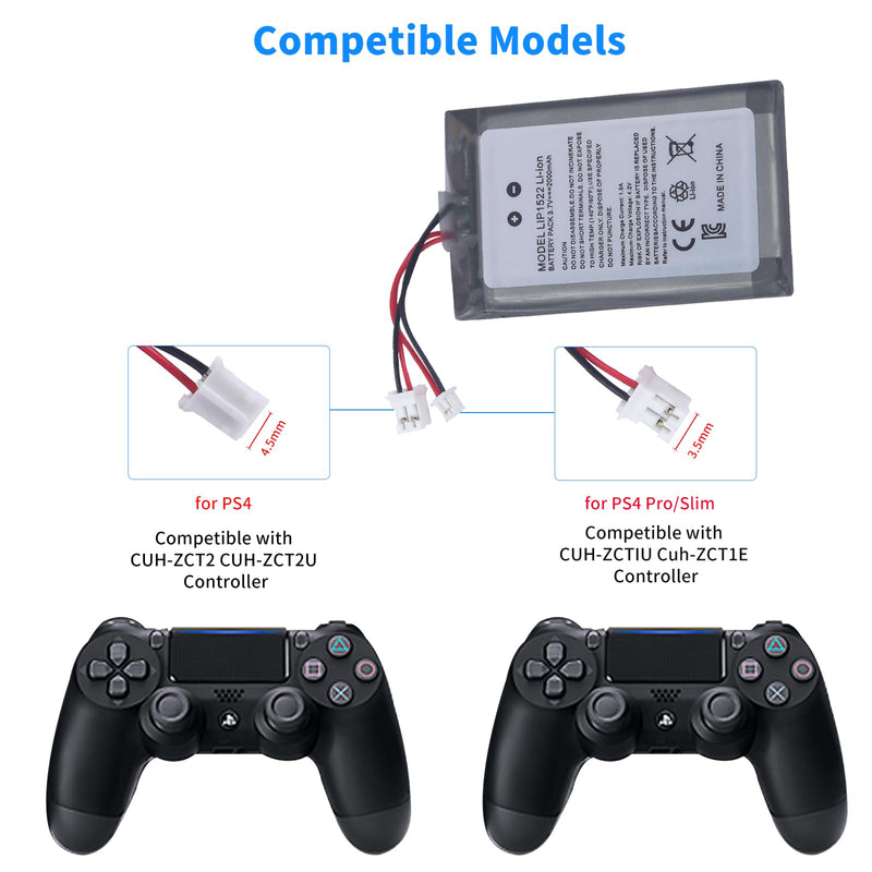 [Australia - AusPower] - 2 Packs Lip1522 Battery, 2000mah Li-ion Battery Replacement for Sony Playstation 4/ PS4 Pro Dualshock 4 CUH-ZCT1E CUH-ZCT1H CUH-ZCT1U CUH-ZCT2 Wireless Controller PS4/PS4 Pro,(Big & Small Plug) 
