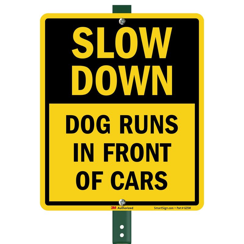 SmartSign 12" x 10" 'Slow Down Dog Runs In Front Of Cars' LawnBoss Yard Sign with 3 ft Stake, 40 mil Aluminum, 3M Laminated Engineer Grade Reflective Material, Black and Yellow