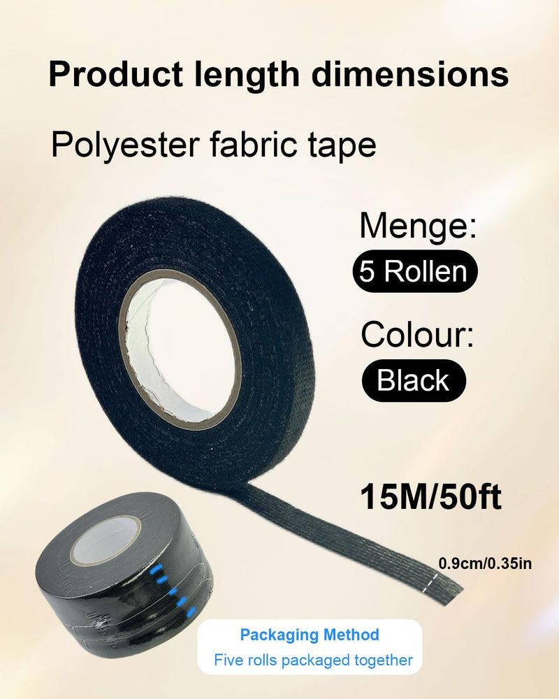 5 Rolls Automotive Wire Harness Tape, High Temp Adhesive Fabric Tape for Cars & Motorcycle - Noise Damping, Vibration Reduction, Insulation Protection, Residue-Free, Black 0.35in x 50ft