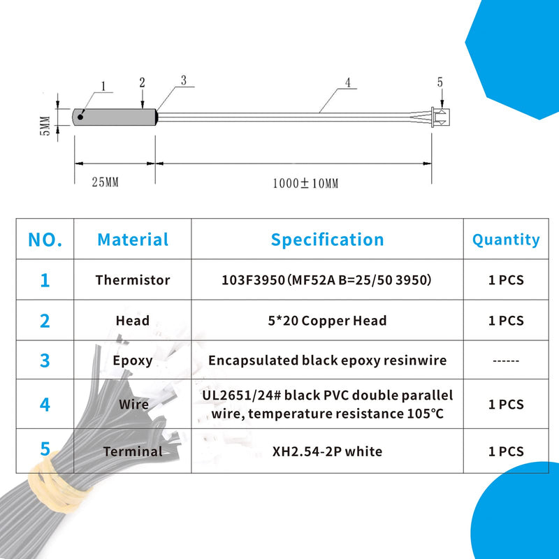 [Australia - AusPower] - 10K 3950 Ohm NTC Thermistor Temperature Sensor Probe, Stainless Digital Thermal Sensor Probe Cable Length 1M with XH2.54-2P Plug for Air Conditioner (Pack of 6) (10K/1m(Stainless Digital)) 