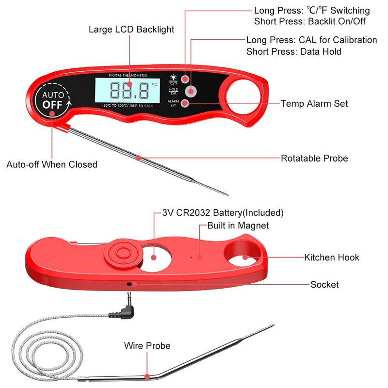 [Australia - AusPower] - CIRYCASE Digital Meat Thermometer, Instant Read Roasting Thermometer, Oven Thermometer, External Long Probe with 102 cm Stainless Steel Cable, Alarm Setting, Oven Thermometer for Kitchen, BBQ, Oven 