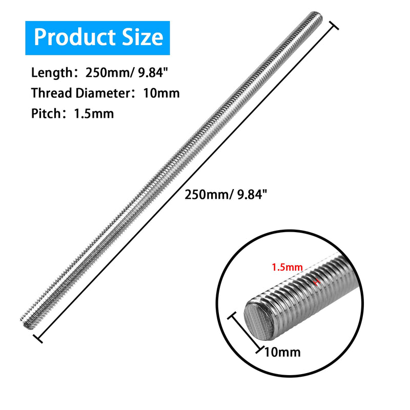 [Australia - AusPower] - 4pcs M10 x 250mm Fully Threaded Rod, M10-1.5mm Thread Pitch, 304 Stainless Steel Long Threaded Screw, Right Hand Threads (M10 x 250mm) 