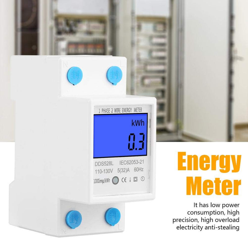 [Australia - AusPower] - Digital Energy Meter, 5-32A 110-130V 60Hz LCD Backlight Single Phase Energy KWh Meter 35mm DIN Rail Mounting with Buckle & Seal 