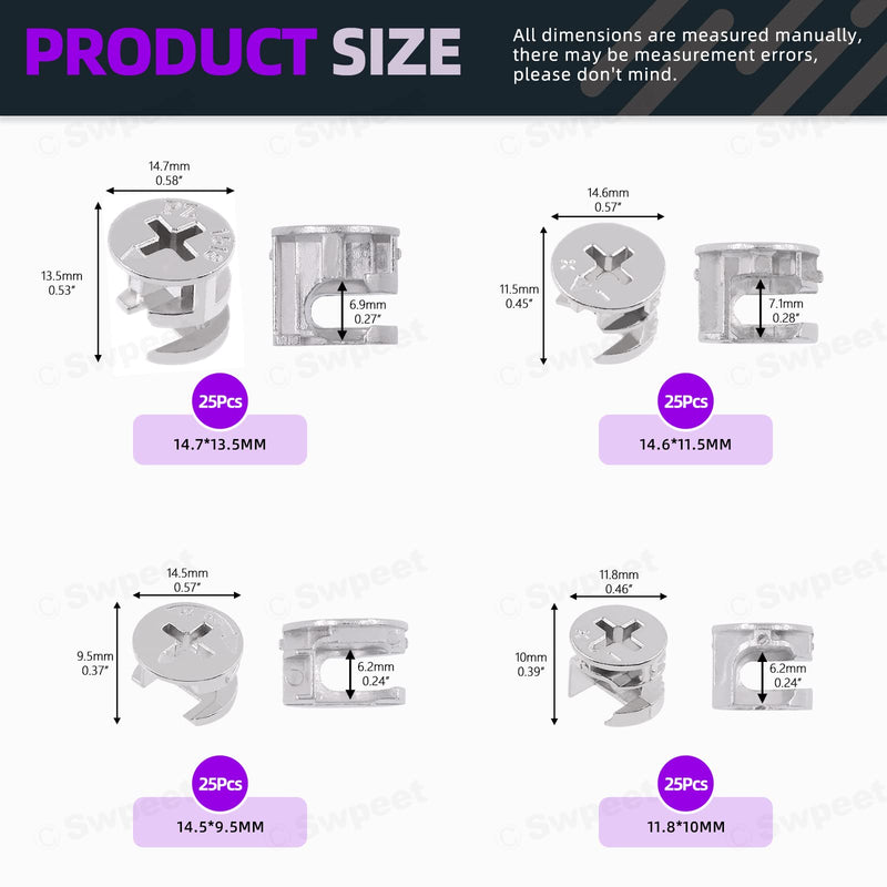 [Australia - AusPower] - Swpeet 100Pcs 4 Sizes 3 in 1 Furniture Connecting Cam Lock Fittings Assortment Kit, Fastener Cabinet Connectors Hardware Bolts Furniture Connecting Lock Nut for Closets Bed Furniture Connecting 