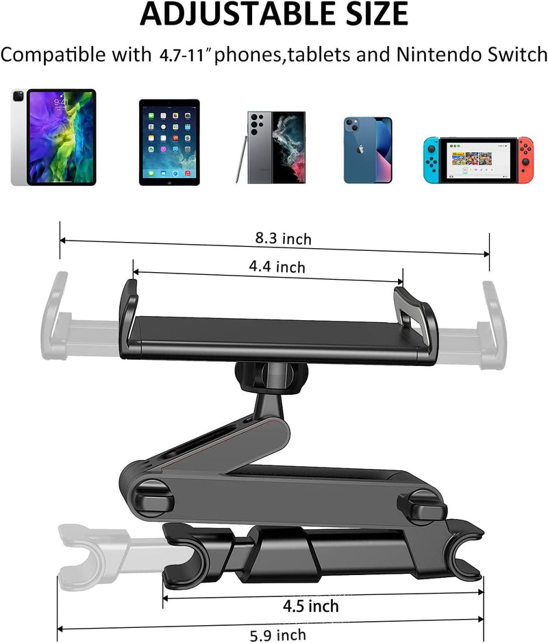 [Australia - AusPower] - Car Headrest Backseat Mount, 360° Rotating Adjustable Car Backseat Headrest Tablet/Phone Holder, Compatible for All 4"-11" Tablets, cellphones, iPhone, iPad Air Mini,Tabs Switch. Black 