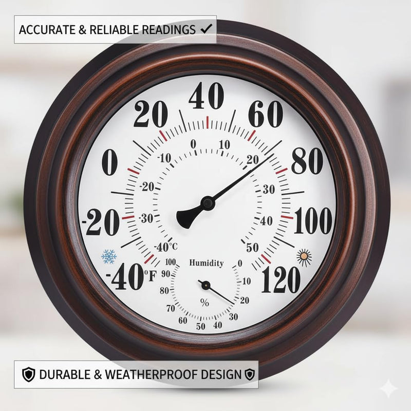 [Outdoor/Indoor] Thermometer Hygrometer, 10-inch Large Analog Wall Mounted Temperature and Humidity Monitor Gauge for Home, Patio, Garden, Garage, Cellar - Weatherproof & Easy to Read (Bronze)
