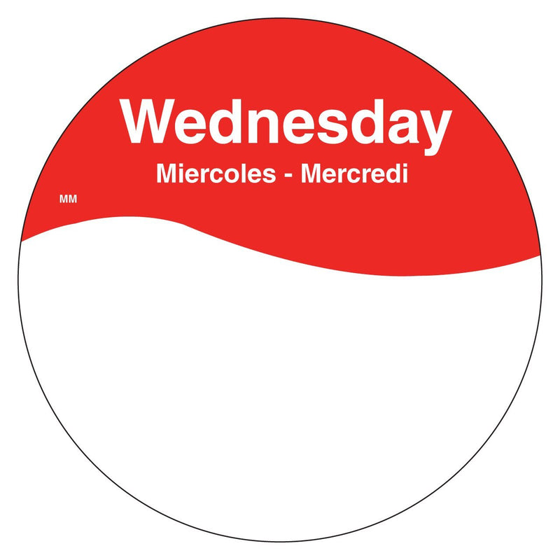 DayMark Safety Systems MoveMark IT110108 Day of the Week Trilingual Label, Wednesday, 3" Circle, Red, Roll of 500 3 inches