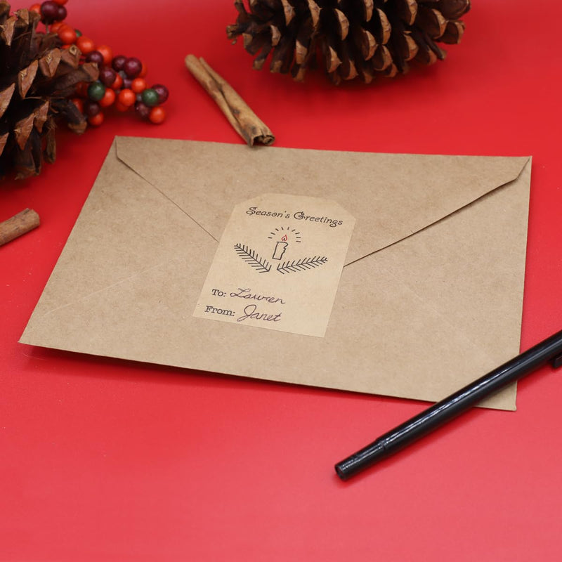 Boho Simple Christmas Gift Tag Adhesive Stickers – 2 x 3 Inch Labels, Roll of 100 with Minimalist Designs – Merry Christmas, Noel, and Candle, Made in the USA