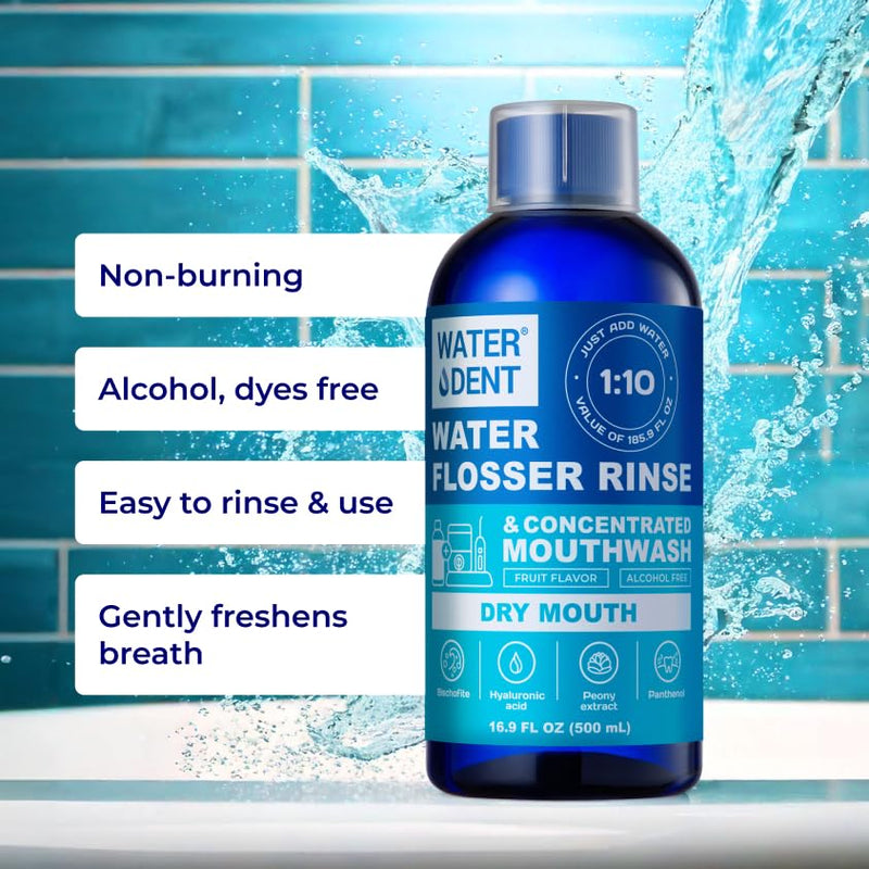 WATER DENT Water Flosser Rinse, Solution, Additive & Mouthwash for Dry Mouth – Compatible with Waterpik & All Oral Irrigators, with Hyaluronic Acid, Alcohol & Fluoride Free, Fruit Mint, 16.9 fl oz 16.9 Fl Oz (Pack of 1)