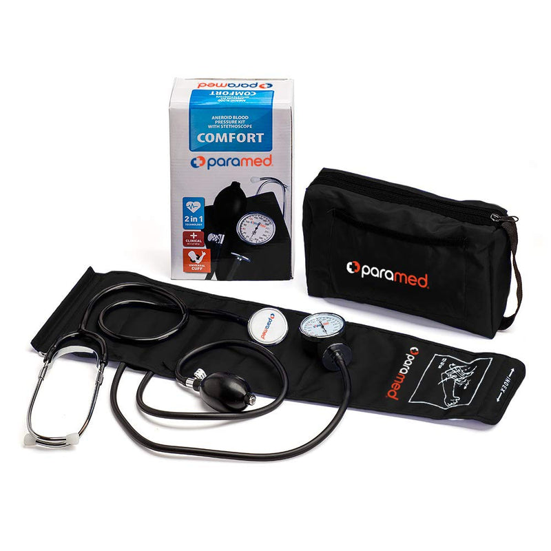 [Australia - AusPower] - PARAMED Aneroid Sphygmomanometer with Stethoscope – Manual Blood Pressure Cuff with Universal Cuff 8.7-16.5" and D-Ring – Carrying Case in The kit – Black 