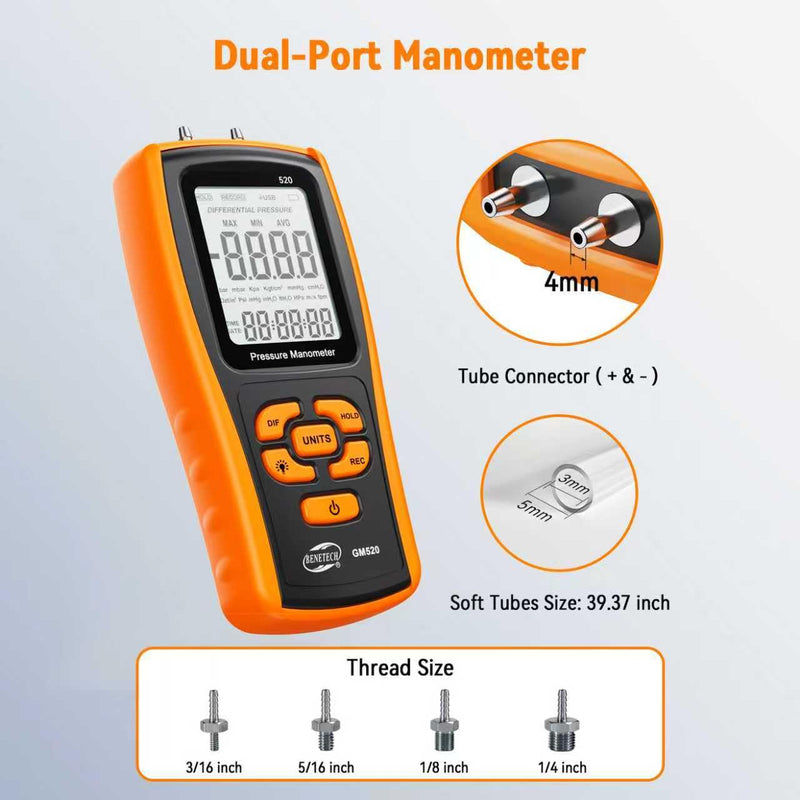 Digital Manometer Gas Pressure Tester, Professional Air Pressure Meter, Differential Pressure Gauge for HVAC, Gas Valve (GM520) GM520X