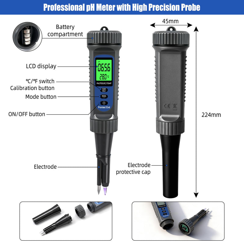[Australia - AusPower] - pH Meter for Food with Temperature – Digital Food pH Meter, High Accuracy ±0.1 pH Electronic Tester for Hot Sauce, Fermentation, Cheese, Sourdough, Canning & Acidity Testing 