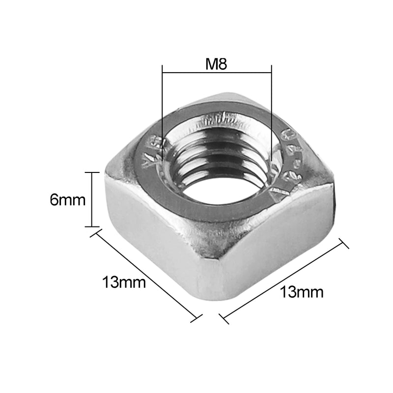 [Australia - AusPower] - Pack of 50 M8 Square Nuts, 304 Stainless Steel Metric Coarse Thread Assortment Kit 