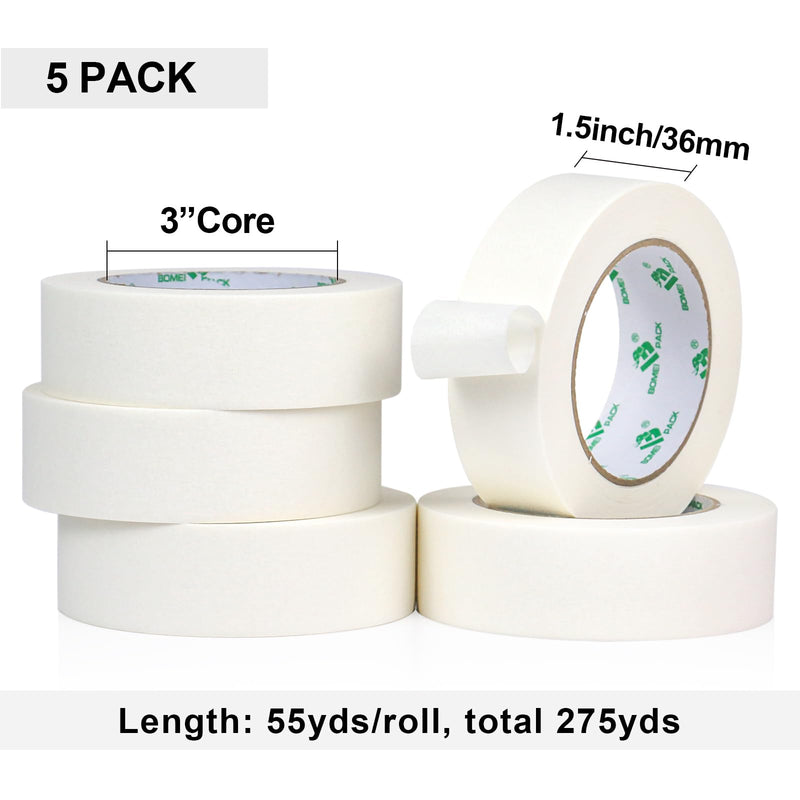 BOMEI PACK 5Rolls White Masking Tape 36mm x 55yds, General Purpose Thin White Painters Tape for Painting, Labeling, DIY Crafting, Decoration and School Projects, Total 275yds