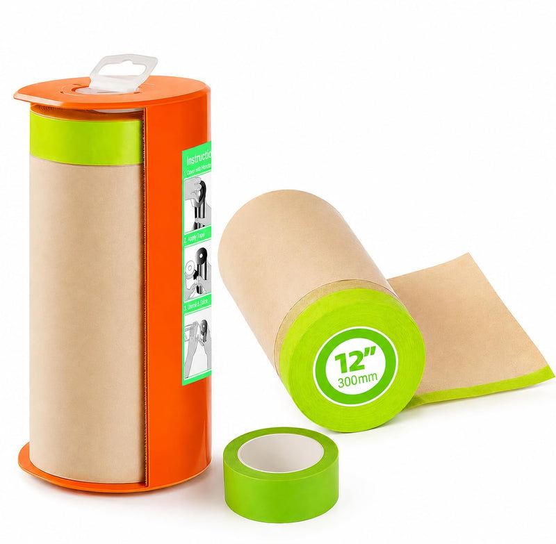 Pre-Taped Masking Paper with Dispenser - 12" x 50' Painters Paper and Tape for Painting House, Furniture, Cars Auto Body (1 Dsp 1Tape 2 Refills: 12" x50') 1 Dsp 1Tape 2 Refills: 12"x50'