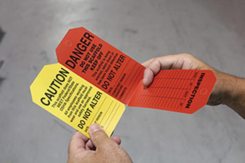 Accuform TSS200PTM RP-Plastic Scaffold Status Tag, Legend "Danger/Caution/Attention", 5.75" Length x 3.25" Width x 0.015" Thickness, Black on Green/Yellow/Red (Pack of 5)