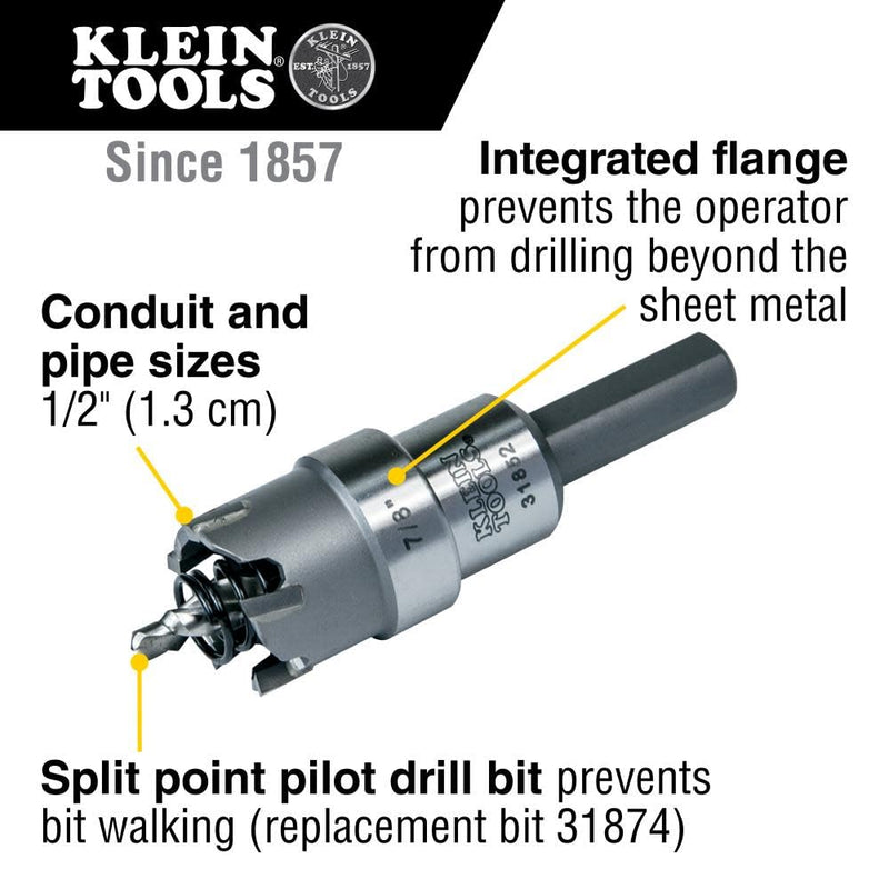 [Australia - AusPower] - Klein Tools 31852 Heavy Duty Hole Cutter, 7/8-Inch Carbide Hole Cutter Cuts Stainless Steel, Mild Steel, Iron, Copper, Brass 7/8" (2.2 cm) 