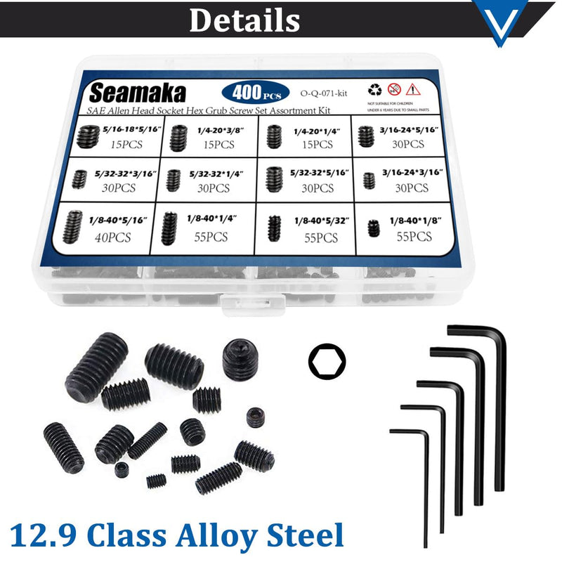 [Australia - AusPower] - 400Pcs 1/8-40 to 5/16-18 Internal Hex Allen Head Socket Set Screw (Black),12 Size 12.9 Class Alloy Steel Grub Screw Assortment Kit with 5 Hex Wrenches for for Door Handles, Light Fixture 