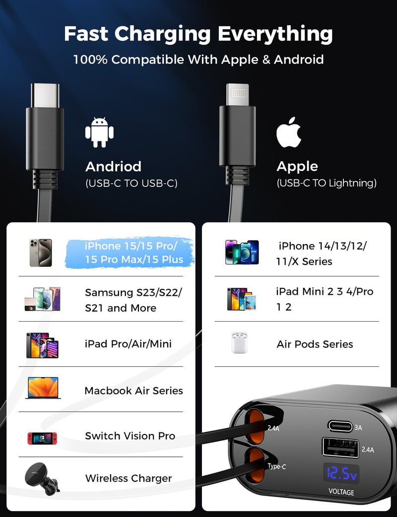 [Australia - AusPower] - 【Upgraded】 SUPERONE Retractable Car Charger 4 in 1, Fast Car Phone Charger with Cord 2.6ft, USB C and Lightning Car Charger Adapter, Compatible with iPhone 15/15 Pro Max/14/13/12/11, Galaxy, Pixel Black 