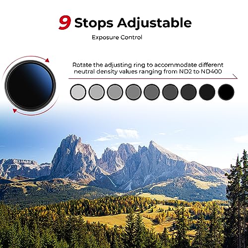 Beschoi 58mm MRC Variable ND Filter ND2-ND400, Neutral Density Adjustable ND Filter (0.3 to 2.7,1 to 9 Stops), Multi Layer Coated Optical Glass, Water Repellent & Scratch Resistant Ultra Slim Filter