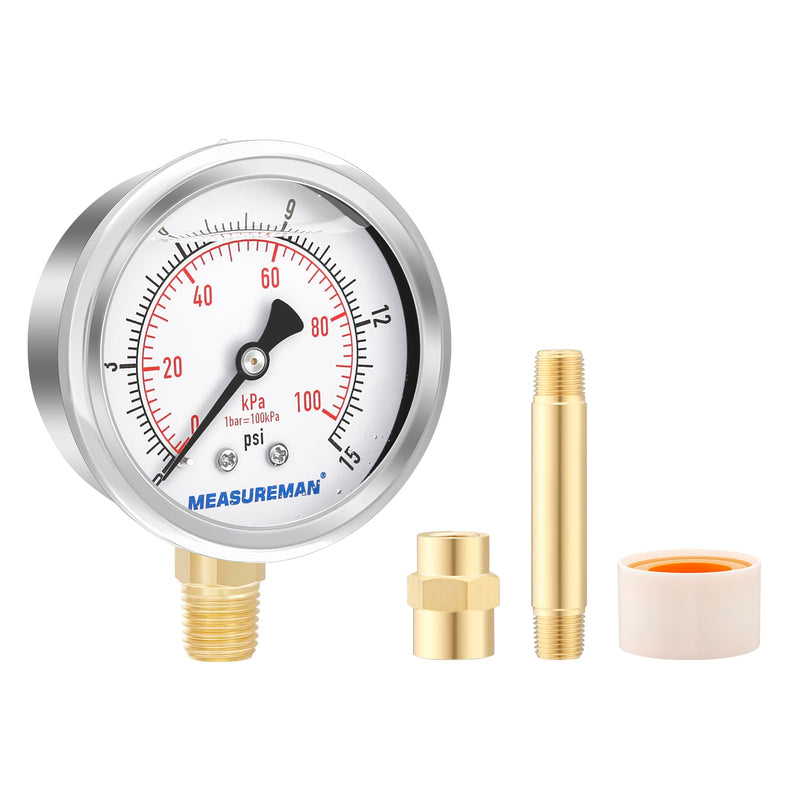 MEASUREMAN Heater Heavy Liquid Filled Duty Air Gauge Kit,Test All Low Pressure Portable Oil Fired Heaters 0-15 PSI