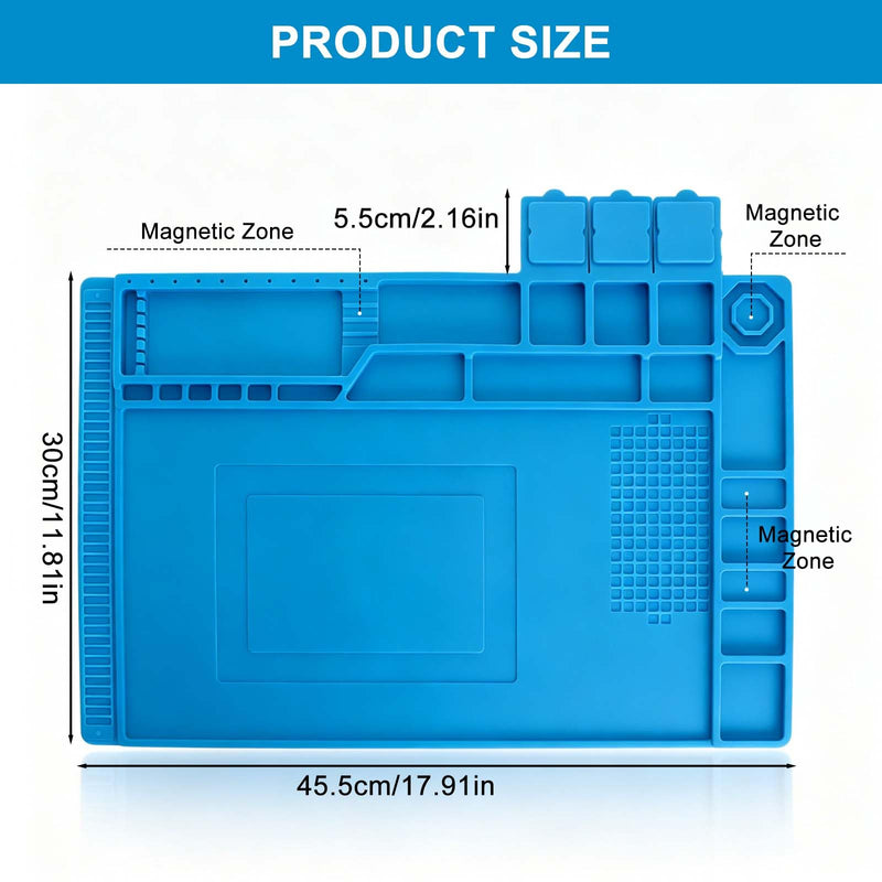 Silicone soldering mat 45 x 30 cm for electronics repair and soldering | 500°C heat-resistant antistatic silicone soldering mat with magnet & compartments for mobile phone, laptop, tablet repair, DIY model making