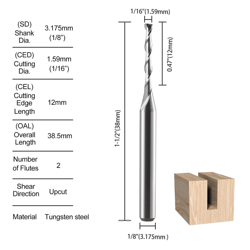 1/8" Shank CNC Router Bits Carbide End Mills 1/16 Inch Up Cut Spial Router Bit Flat Nose Carbide Endmill Two Flute Milling Cutter Tool for Wood PVC MDF Hardwood Pack of 10
