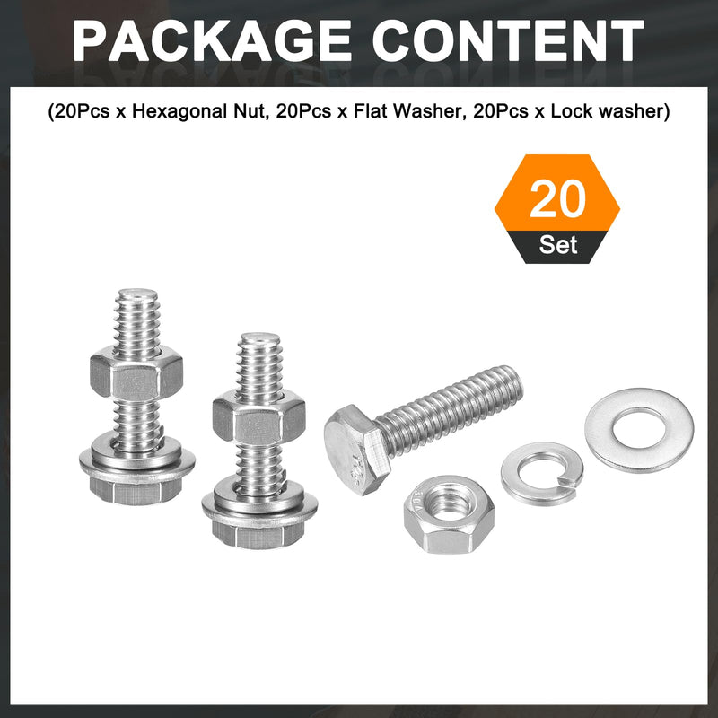 [Australia - AusPower] - uxcell 20 Set Hex Head Nuts and Bolts Assortment Kit, 304 Stainless Steel 1/4-20 x 1 Hex Head Bolts with 1/4" Nuts and Washers for Construction, Machinery Manufacturing 1/4-20 x 1" 