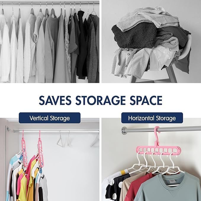 9 Holes Clothes Hanger, Wardrobe Storage Organiser, Heavy Duty Anti Skid Plastic with 360º Swivel Hook, Essential Closet Space Saver (Pack of one) (Any rendom Color)