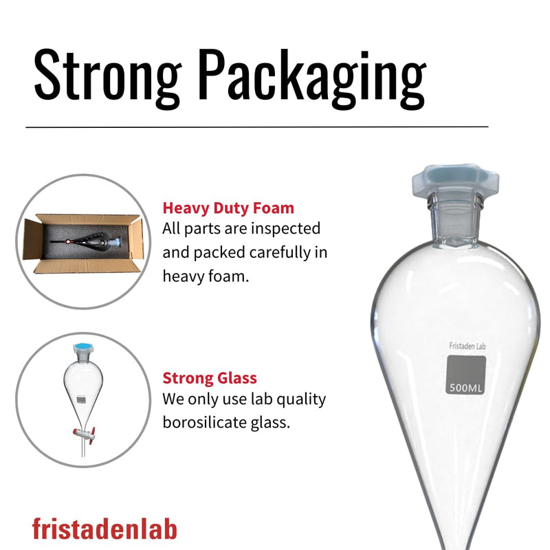 American Fristaden Lab 500mL Separatory Funnel with PTFE Stopcock Valve | Lab Quality Borosilicate Glass | 24/29 Joint Size | Separation Funnel for Lab Use