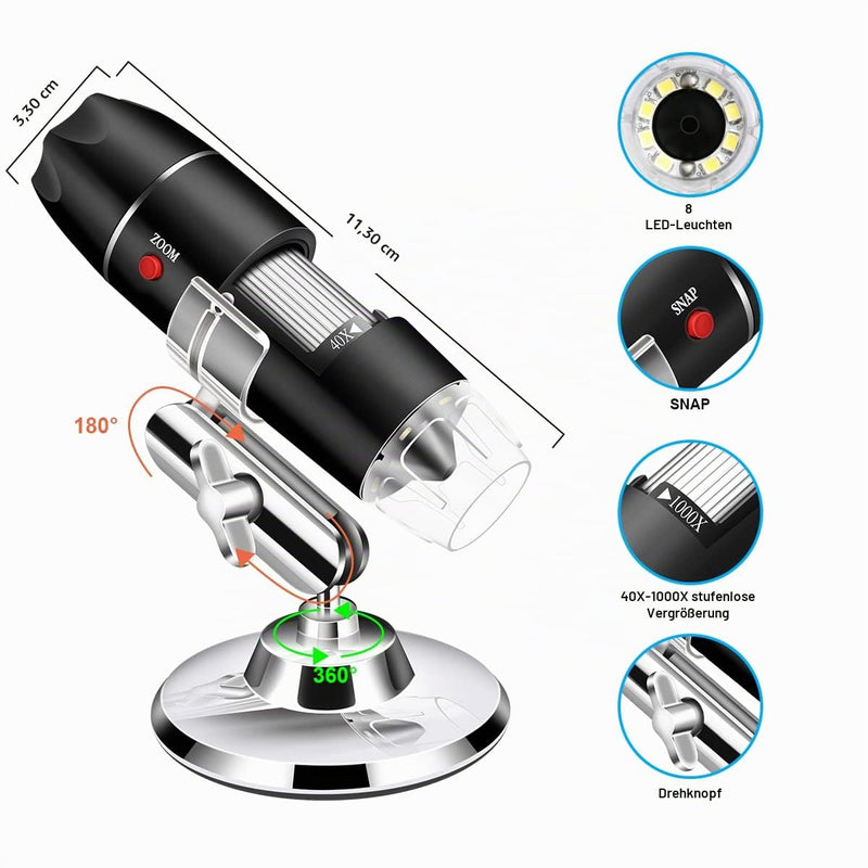 USB Microscope Camera, 40x to 1000x, Digital Microscope with Metal Stand and Carry Case, Compatible with Android Windows 7, 8, 10, 11, Linux, Mac, Portable Microscope Camera black
