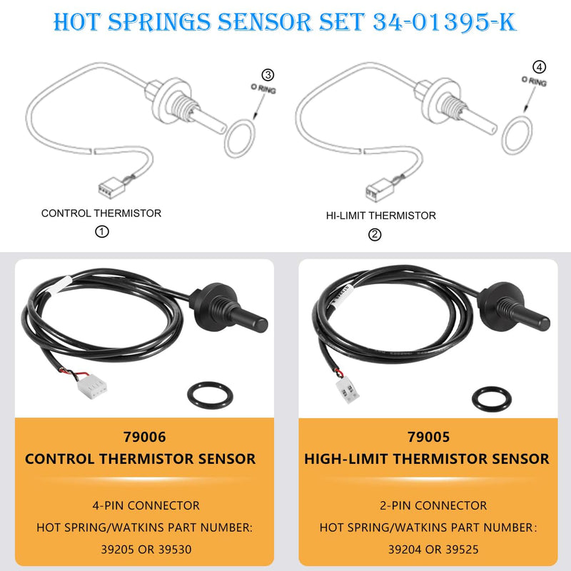 34-01395-K Sensor Kit 2 Pin High-Limit Thermistor Sensor and 4 Pin Control Thermistor Sensor with O-Rings Fit for Hot Spring, for Tiger River, for Limelight Spas 2002-Current Replaces 39204, 39205