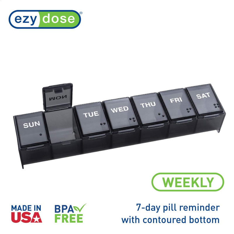 [Australia - AusPower] - EZY DOSE Weekly (7-Day) Pill Case, Medicine Planner, Vitamin Organizer Box, Convenient and Easy to Use, Large Compartments, Travel Friendly, Black, Made in the USA, BPA Free 1 Count (Pack of 1) 