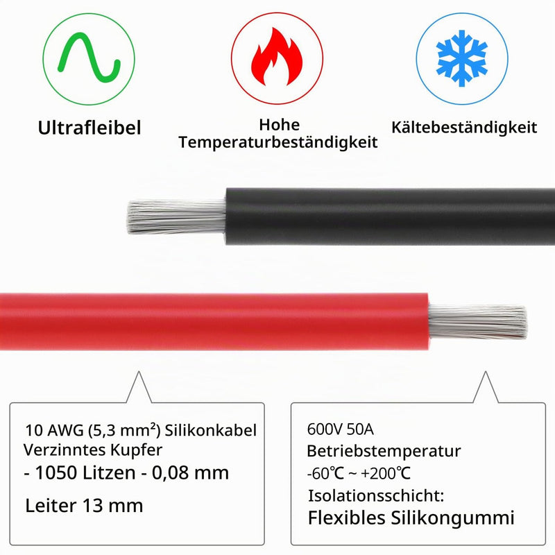 QWORK 10AWG 6 mm² Silicone Electronic Cable - 5 m Black 5 m Red - 10 Gauge Silicone Wire Car Cable Flexible and Soft Low Impedance 1050 Strands OFC Tin-Plated Wires 10 awg 5m+5m