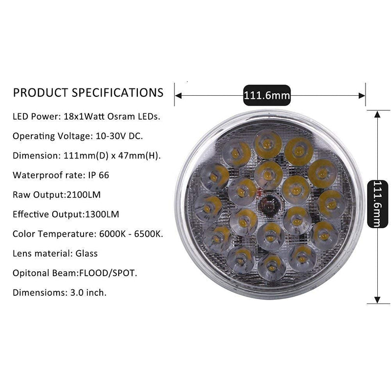 PAR36 LED Sealed Beam 18W 2100LM IP67 Aircraft Landing Light 9-32V | PAR36 18W 2100LM 6000K, IP67 Waterproof, 9-32V DC, Aircraft 4509/4595/4627 Compatible, Boat Tractor Forklift Work Light