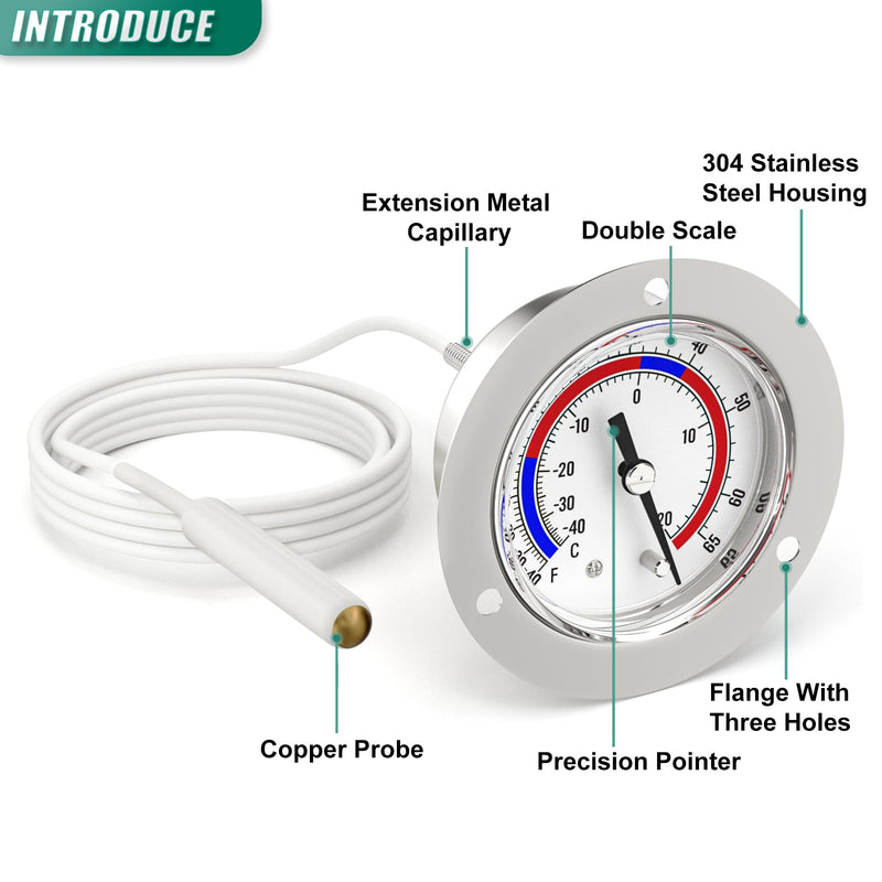 [Australia - AusPower] - -40 to 65 ℉ / -40 to 20℃ Capillary Design Refrigeration Thermometer, 2" Dial Size, 48" Capillary Length, Stainless Steel Flanged Panel Mount, Cold Storage, Display Cabinet, Freezer 1 