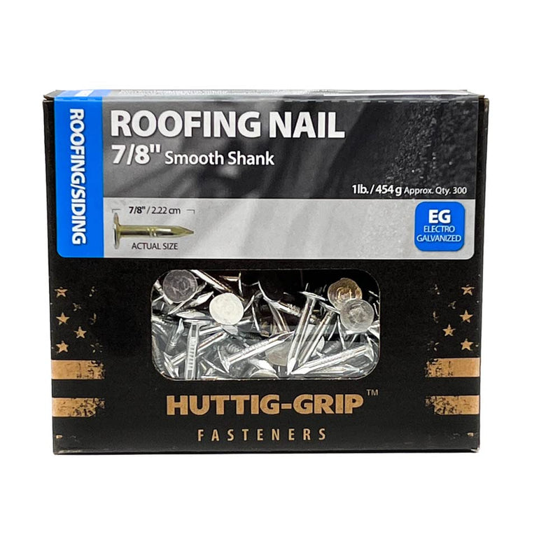 [Australia - AusPower] - Huttig-Grip Roofing Nail 7/8 inches Smooth Shank, Electro Galvanized Finish, 11 Gauge, 3/8 inches Round Head HGN78EGRF1-1 lb Pack of 300 Nails 7/8" Roofing - 1 lb Pack 