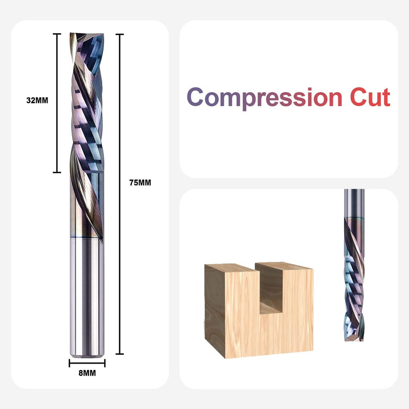 [Australia - AusPower] - SpeTool Spiral Groove Cutter 8 mm Shaft Compression 32 mm Cutting Length Spiral Cutter Groove Cutter CNC Milling Cutter Solid Carbide End Mill TAC Coating Cutter for Router Wood Cutter Router Bit Slot 1 With TAC coating 