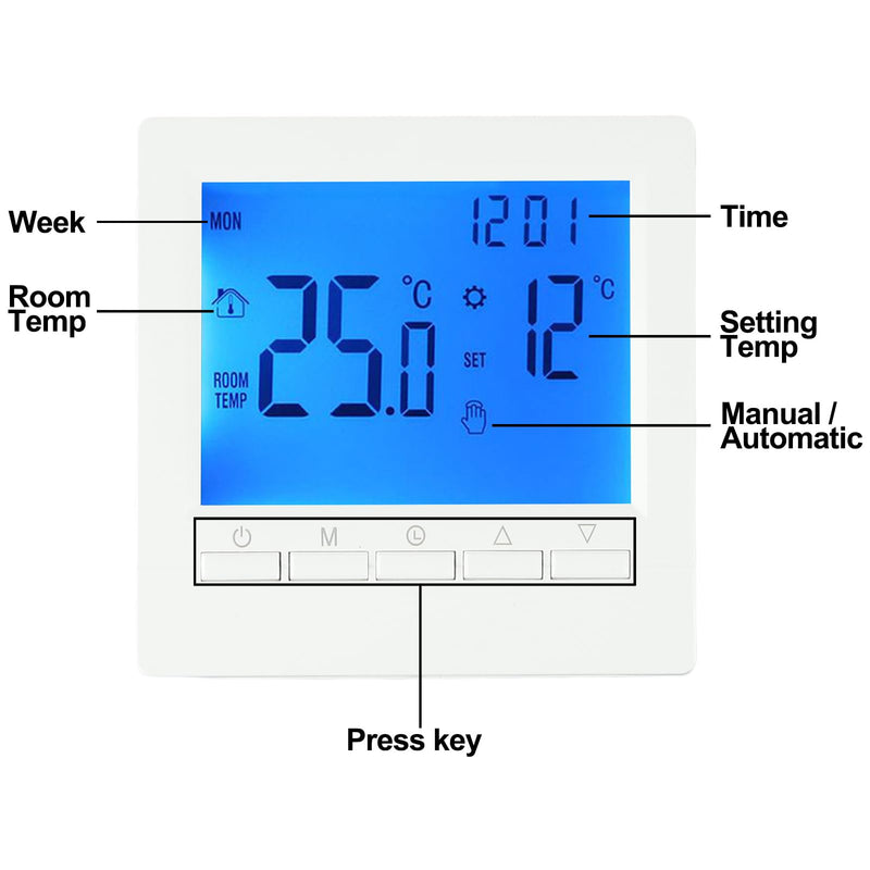 [Australia - AusPower] - Programmable Digital Room Thermostat with LCD Display for Gas Boiler Heating Control, UnderfloorTemperature Controller for Home Heating Boiler, Wall Mounted Or Freestanding, 5-90°C Range 
