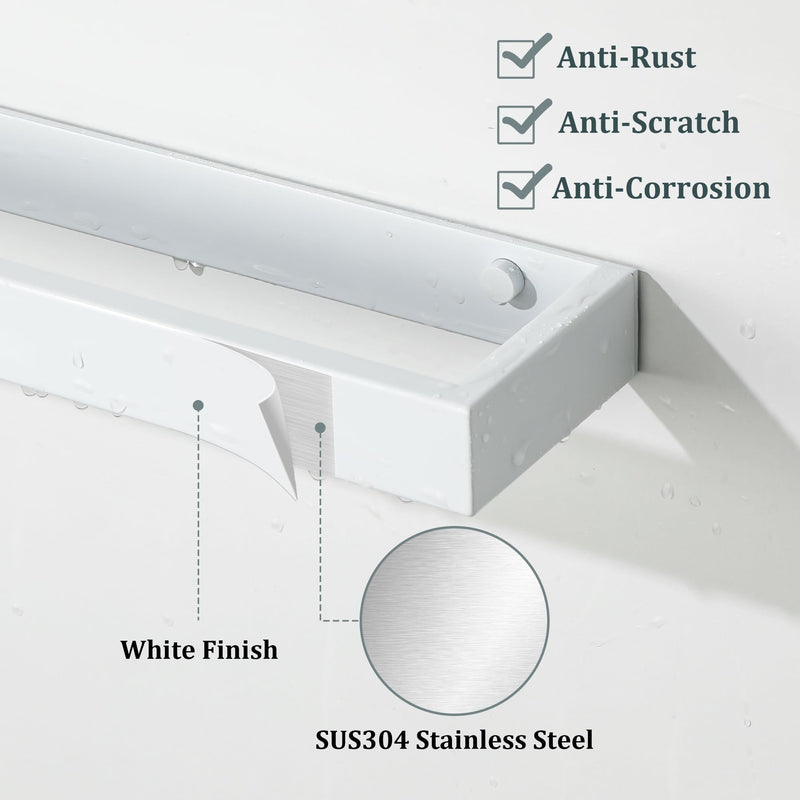 Sayayo White Towel Bar for Bathroom, 12 Inch Hand Towel Holder Wall Mount, Screw or Self Adhesive Towel Ring Square SUS304 Stainless Steel, 3.2 Inch Wide