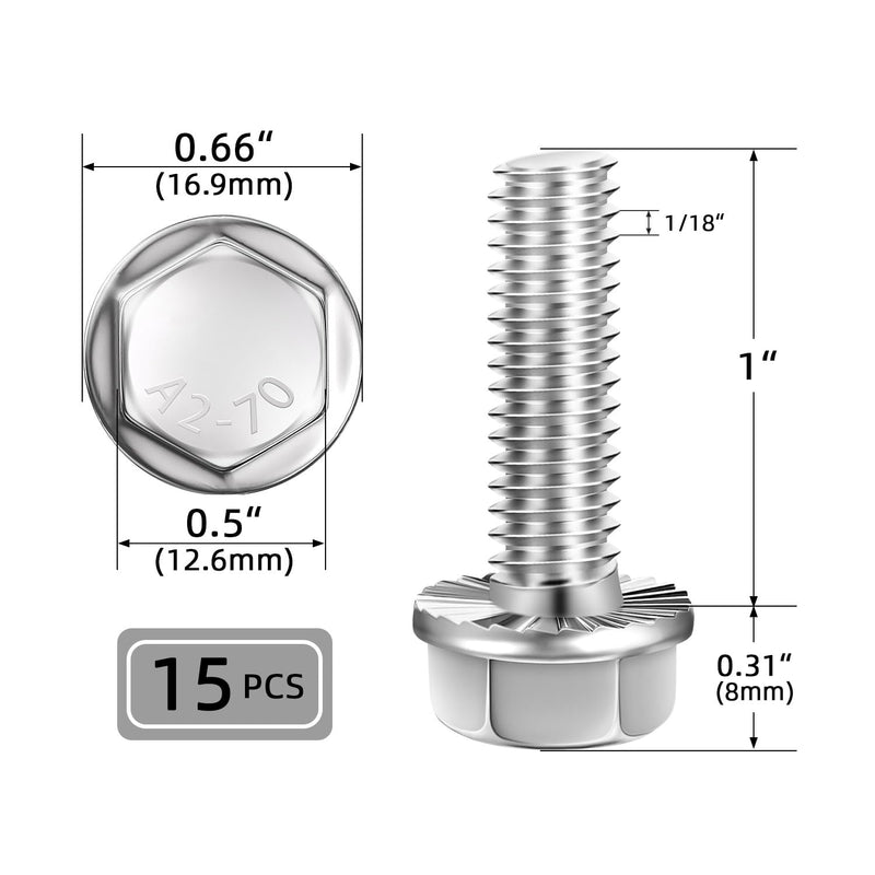 [Australia - AusPower] - 5/16-18 x 1" Flanged Hex Head Bolts, Flange Hexagon Screws, 18-8 Stainless Steel (304), Plain Finish, Full Thread, 15 PCS 5/16-18 x 1" 